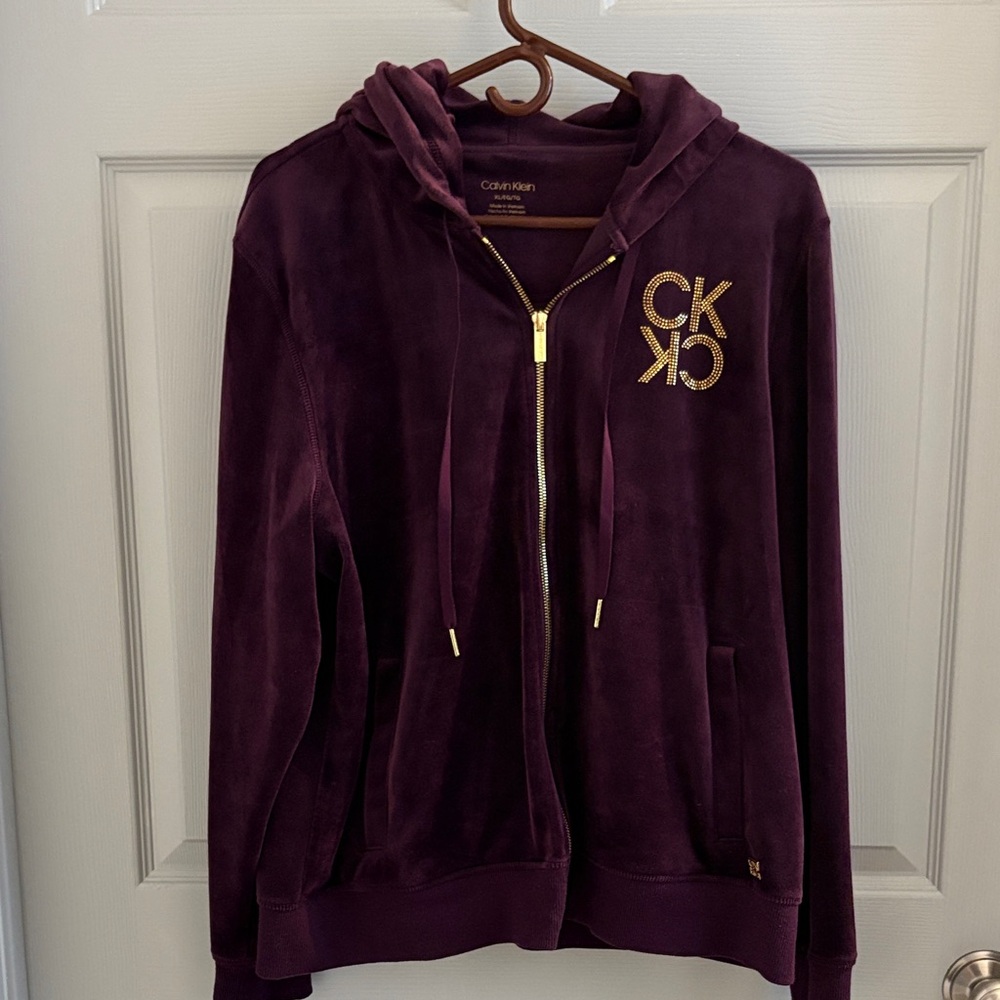 Calvin Klein Velvet Hoodie in Deep Purple with Gold Accents